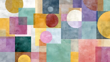 Colorful Geometric Collage of Squares and Circles in Pastel Shades