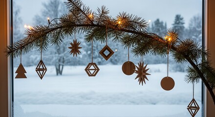 A fir branch decorated with lights and wooden geometric ornaments hanging in front of a window with a snowy winter landscape outside.
