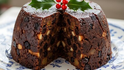 Christmas pudding traditional holiday dessert served on plate with holly and red berries festive season dessert treat holiday table setting traditional holiday dessert cut open