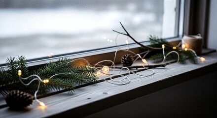 Cozy winter window sill decorated with festive string lights, pine branches, and pinecones, creating a warm holiday atmosphere.
