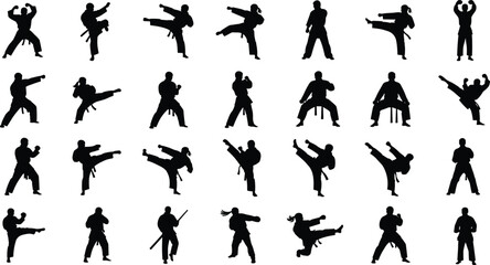 Martial arts silhouette collection, karate and kickboxing action poses, dynamic combat movements for training, fitness, self-defense illustrations, vector design set