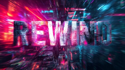 Dramatic REWIND Text Effect with Motion Blur with Neon Colors, and and Abstract Background.