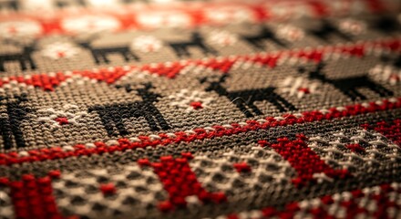 Close-up view of a festive knitted fabric featuring a pattern of reindeer and geometric designs in red, white, and grey.