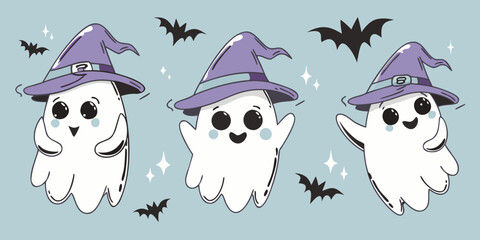 Cute halloween ghosts wearing purple witch hats with flying bats