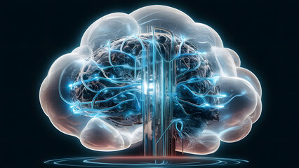 Abstract glowing digital brain with neural network connections and light beams on dark background