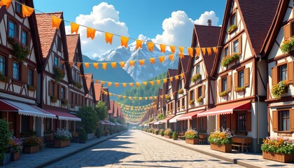 Fototapeta premium Half timbered houses line cobblestone street adorned with orange Oktoberfest flags under bright blue sky with snowy mountains. Green trees, blooming flowers add charm to festive European village.