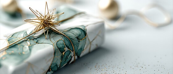 Elegant gift box with gold star decoration and shiny ornaments on soft grey background