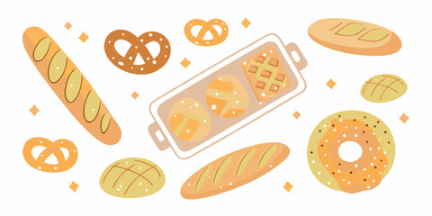 Assorted baked goods including bread pretzels and bagels in a flat lay style