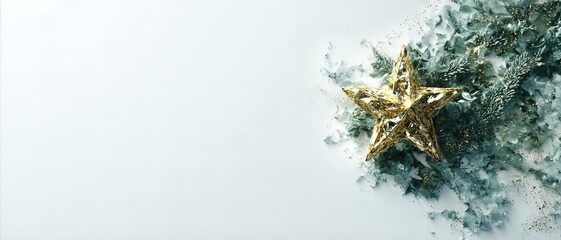 Elegant Golden Star Christmas Decoration Surrounded by Greenery and Winter Accents