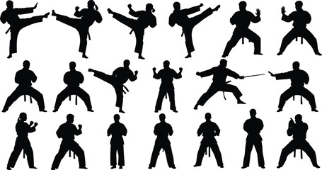 Martial arts silhouette collection, karate poses and kicks, self-defense training stances, dynamic combat movements for posters, branding, vector design set