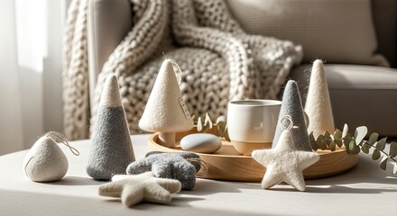 A cozy display of minimalist felt Christmas tree and star decorations on a table with a knit blanket in the background.