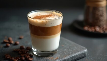 Latte macchiato in glass on grey. Coffee drink has layered milk and rich espresso. Cinnamon powder as topping. Coffee beans scattered on stone board near jar.