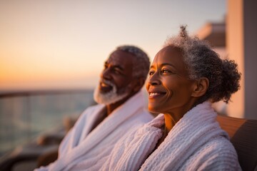 Senior African couple having rest in a hotel or in a cruise ship