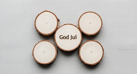 Five natural wooden slices, one with God Jul text, arranged on a light background, symbolizing Christmas greetings.