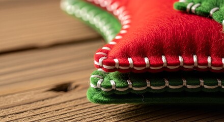 Close-up of red and green felt Christmas ornaments with white stitching on a rustic wooden table.