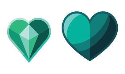 Two stylized green hearts one faceted like a gem and one smooth