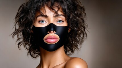 Woman with curly hair wearing a black facial mask, showcasing beauty and skincare routine, with a soft blurred background emphasizing her features and the mask's texture