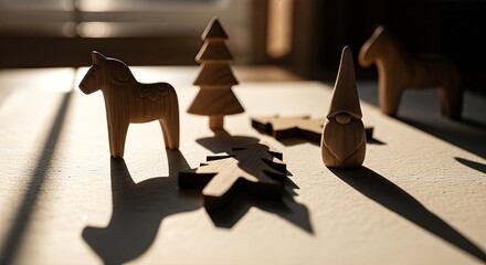 Collection of handcrafted wooden Dala horses, Christmas trees, and gnome figurines casting long shadows in warm light.