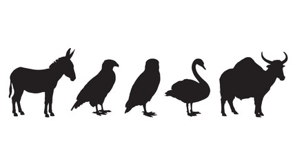 Collection of animal silhouettes including a donkey eagle owl swan and bull presented as simple vector icons for educational or design purposes isolated on white