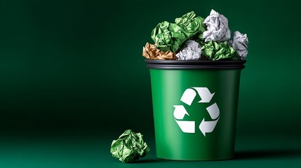 Green recycling bin filled with crumpled paper waste, featuring various colors of paper, set against a dark green background, emphasizing the importance of recycling and environmental responsibility