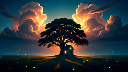 Fantasy Tree House on Grassy Field under Dramatic Sunset Clouds and Fireflies.
