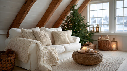 Cozy Christmas interior evokes feelings happy, with soft textures. tree is festive, adding warmth living space