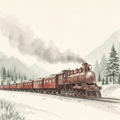 Obraz premium Steam train traveling through a snowy winter landscape, a vintage locomotive on tracks. Christmas holiday scene for greeting card design.