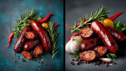 Grilled sausages arranged artistically on a textured surface, garnished with fresh herbs, colorful chili peppers, and garlic, showcasing a vibrant culinary presentation with rich colors