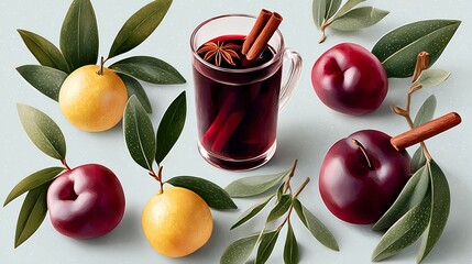 Warm spiced beverage in clear glass mug, surrounded by fresh apples and oranges, garnished with cinnamon sticks and green leaves, evoking cozy autumn vibes and seasonal flavors