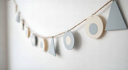 Geometric garland with light blue triangles and cream circles hanging on a white wall.