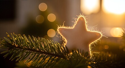 A soft, glowing star decoration hanging on a pine branch with warm bokeh lights in the background, evoking a festive mood.