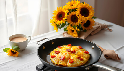A country breakfast with omelette, sun-dried tomatoes and bacon on a table with sunflowers and milk tea.