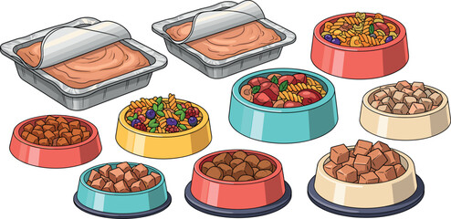 Pet food collection illustration featuring wet food trays, kibble bowls, mixed meals, and assorted recipes for animal nutrition designs
