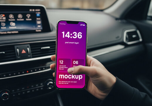 A man holding a smartphone in a car mockup