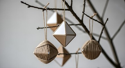 Geometric and twine-wrapped ornaments hanging from bare branches, creating a minimalist and natural decoration.