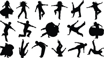 Silhouettes of dancing people in dynamic movement poses, expressive dance motion collection illustration set for performance, choreography, artistic energy design concepts