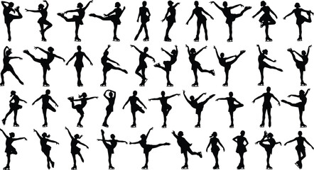 Silhouettes of figure skaters performing elegant ice skating poses, artistic movement illustration collection set for sports design, dance performance, winter concepts