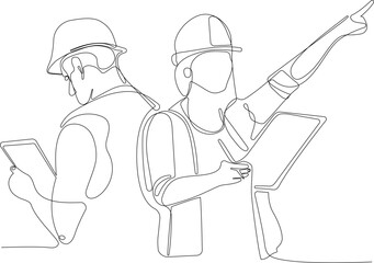 Architects and construction workers people in editable vector lines 