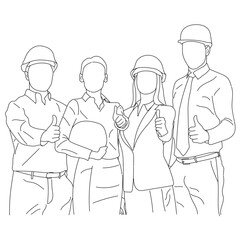 Line art of business, architecture and office concept. Happy team of architects in office showing thumbs up
