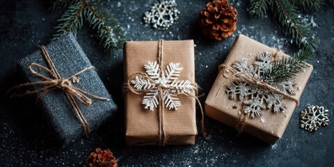 Fototapeta premium Christmas Gift Boxes with Decorated Snowflakes and Pine Elements