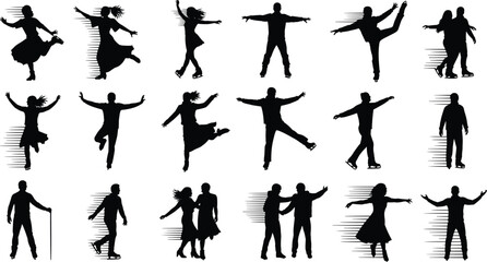 Silhouettes of ice skaters and dancers with motion effects, dynamic movement illustration collection set for sports design, performance art, winter concepts