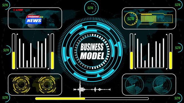 A futuristic HUD animation highlighting an adaptive business model framework with strategic value mapping, operational intelligence signals, and enterprise performance alignment