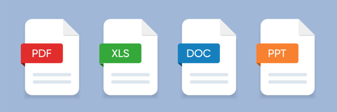 File type icons set. Document file icon. Format of documents. Set of pdf, doc, xls, ppt icons for UI UX, website, mobile application. Download pdf file button
