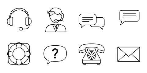 Set of Icons for Customer Service and Communication Featuring Headphones, Operator, Chat Bubbles, Lifebuoy, Question Mark, Telephone, and Envelope
