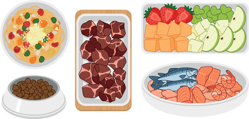 Naklejka premium Pet food meal illustration set featuring fresh meat cuts, fish fillets, fruit trays, kibble bowl, and assorted nutrition recipes for animals