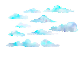 Pastel blue cartoon clouds isolated on white background. Hand drawn watercolor illustration.