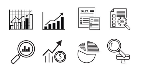 Data analysis and financial report icon set. Market research statistics, business audit, investment growth chart, and big data document vector.