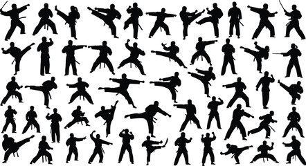 Silhouettes of martial artists performing kicks, punches, and combat stances, dynamic karate movement illustration collection set for training, self-defense concepts