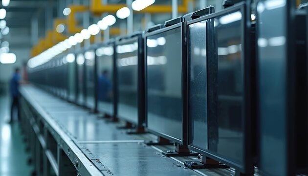 Many flat screen TVs move along modern factory assembly line. Workers visible, overseeing automated production of new electronic displays. Industrial setting shows high volume technology