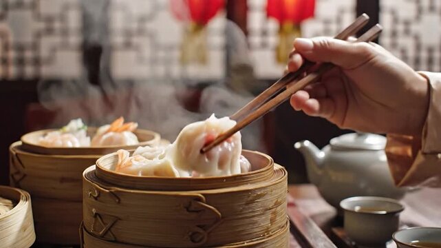 Steaming Dim Sum Dumplings in Bamboo Baskets with Tea Set.